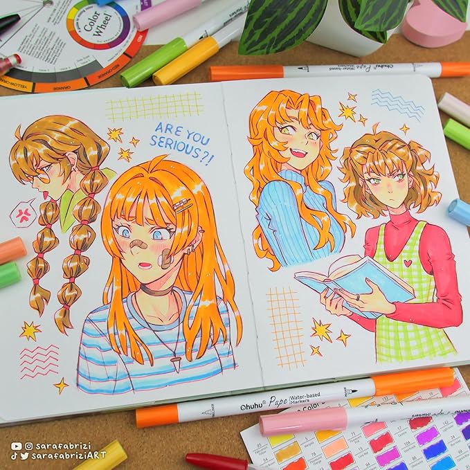 Ohuhu Markers Paper-friendly No Peeling Water-based 120 Colors Dual Brush Fineliner Tips Markers for Adult Coloring Books No Bleeding Drawing Pens for Kids Beginner Calligraphy - Pupe