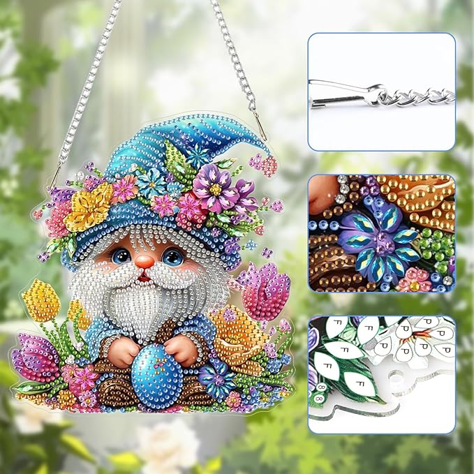 Lxmsja DIY Cute Cartoon Gnome Diamond Painting Hanging Ornament, Double-Sided Acrylic Easter Egg Diamond Art Kit, Special Shaped Suncatcher Hanging Pendant Window Art Kit