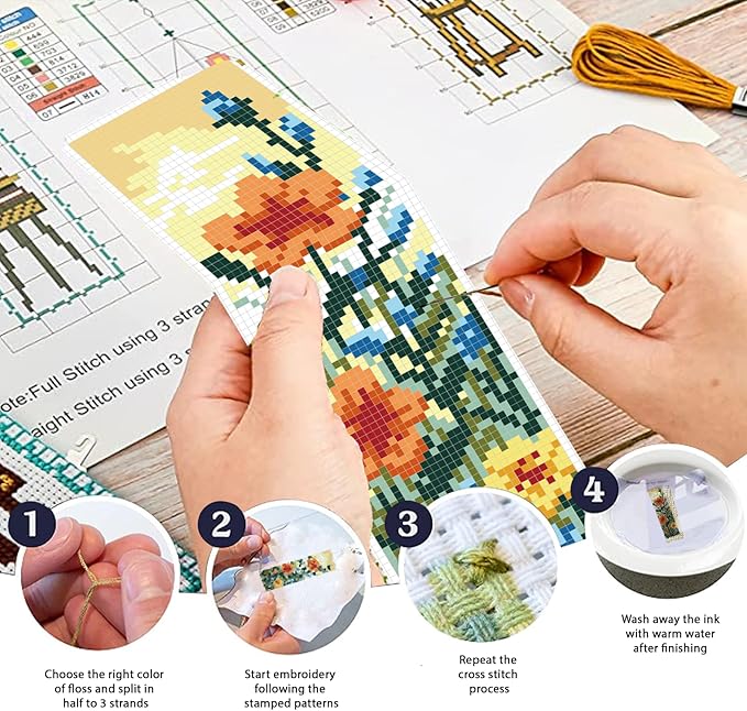 FREEBLOSS 6 Set Cross Stitch Bookmark Kit Wild Flowers Pattern Stamped Cross Stitch Kit 11CT Embroidery Kits with Instructions for Beginners Adult 20x6cm/8x2.4inch