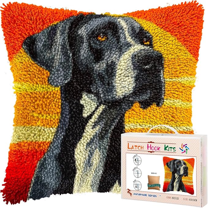 DIY Latch Hook Pillow Kits for Adults Great Dane Dog with Sunset Printed Pillowcase Crochet Yarns Hooking Handmade Pillow Cover Cushion for Home Sofa Decoration 17x17inch-1