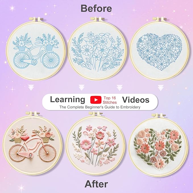 Huacan Embroidery Kit for Adults Beginner - Embroidery Kits for Adults Beginner 3 Pcs Stamped Heart Pattern, Hand Stitching Kit Art Craft, DIY Sewing Kit with Box 7.9 x 7.9 Inch