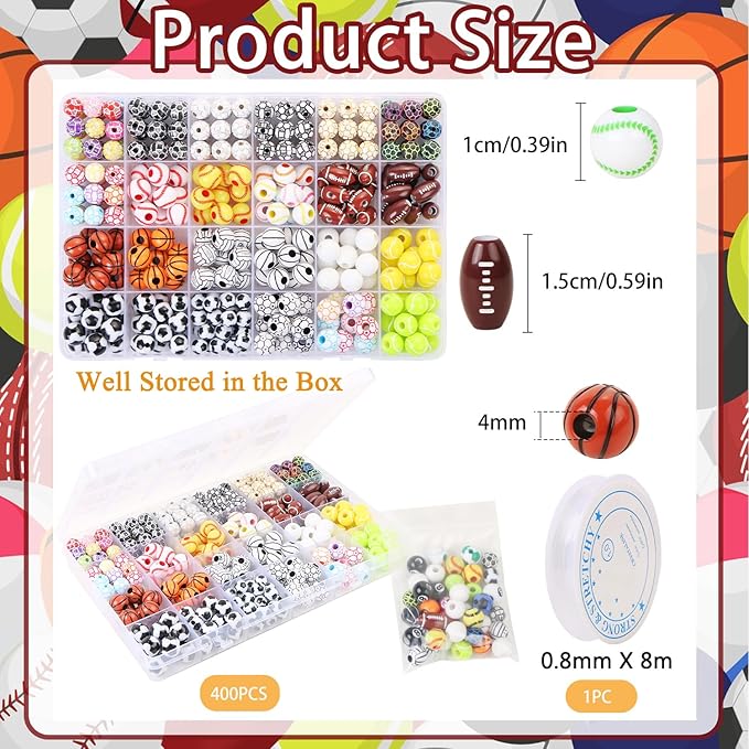 EVERMARKET 400 Pcs Sports Ball Beads for Jewelry Making, Acrylic Sports Beads Bulk, Baseball Basketball Soccer Volleyball Softball Football with Box for DIY Crafts Key Chains Bracelet