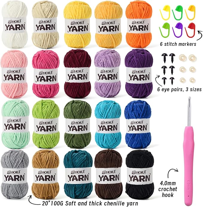 20 Pack Velvet Yarn for Knitting, Chunky Chenille Yarn for Crocheting, Baby Yarn for Crocheting Soft Blanket, Super Bulky 70.5oz(1750yds), Multicolor Amigurumi Yarns Set A