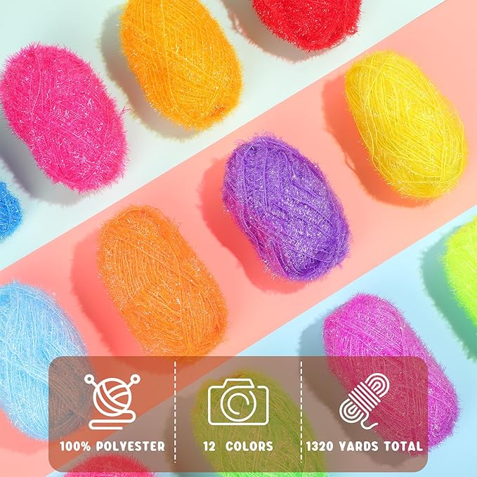 12 Skeins Scrubby Yarn Bundle 100% Polyester Color Yarn, 122 Yards /1.8oz(50g) Each, Crochet and Knitting Supplies(Multicolor)