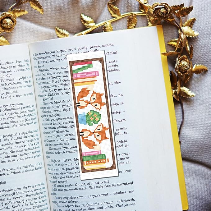 FREEBLOSS 6 Set Cross Stitch Bookmark Kits Fox Bookshelf Pattern Stamped Embroidery Kit Stitch Bookmarks DIY Book Marks Printed Cross Stitch Kits with Instructions for Beginners Adults, 8''x2.4''