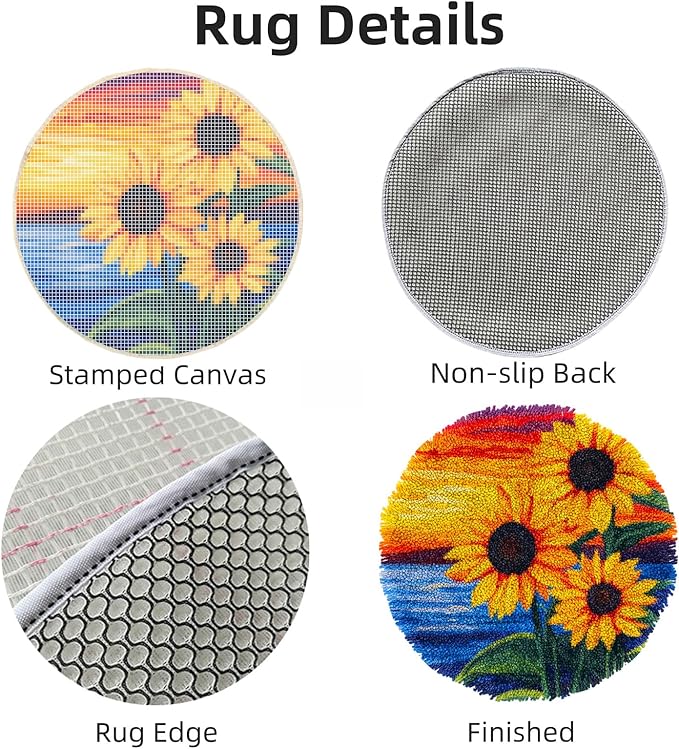Latch Hook Rug Kit Sunflowers Beside Sea and Sunset Stamped Handmade Round Shape Carpet Crochet Yarn Craft DIY Hook and Latch Door Mat Tapestry Christmas Home Floor Decor 20x20in-8