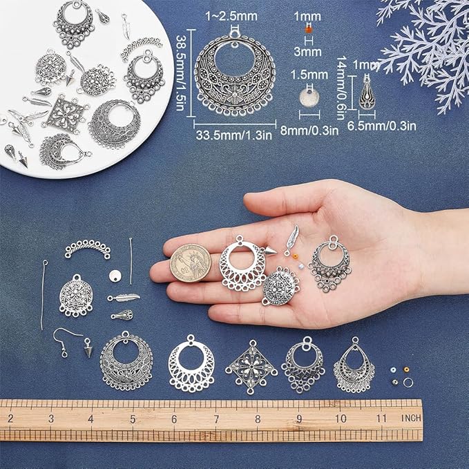 SUNNYCLUE 1 Box DIY 10 Pairs Chandelier Charms Earring Making Kit Boho Charms for Jewelry Making Feather Cone Pendants Flat Round Head Pins Eye Pins Jump Rings Antique Silver Adult Women