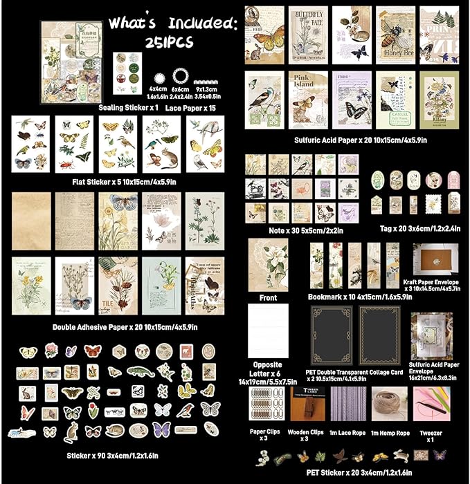 Esweny 251PCS Vintage Scrapbook Supplies Pack, Scrapbooking Paper and Stickers Ephemera Bundle Junk Journal Kit for Art Aesthetic Journaling Collage Decoupage Craft (Flowers and Birds)