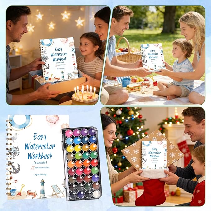 Watercolor Workbook，36 Colors Water Coloring Book Paint Set for Adults,12 Different Patterns of Original DIY Designs, Beginner-Friendly Watercolor Workbooks with Palette and Brush (Ocean)