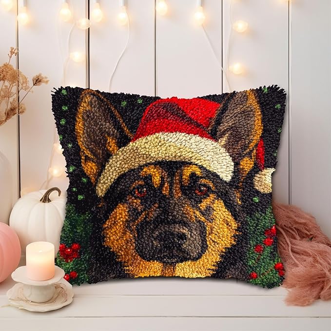 Latch Hook Pillow Kits for Adults Merry Christmas German Shepherd Dog DIY Pillow Cover Printed Pillowcase Crochet Yarns Hooking Handmade Cushion for Home Sofa Decoration 17x17inch(11)