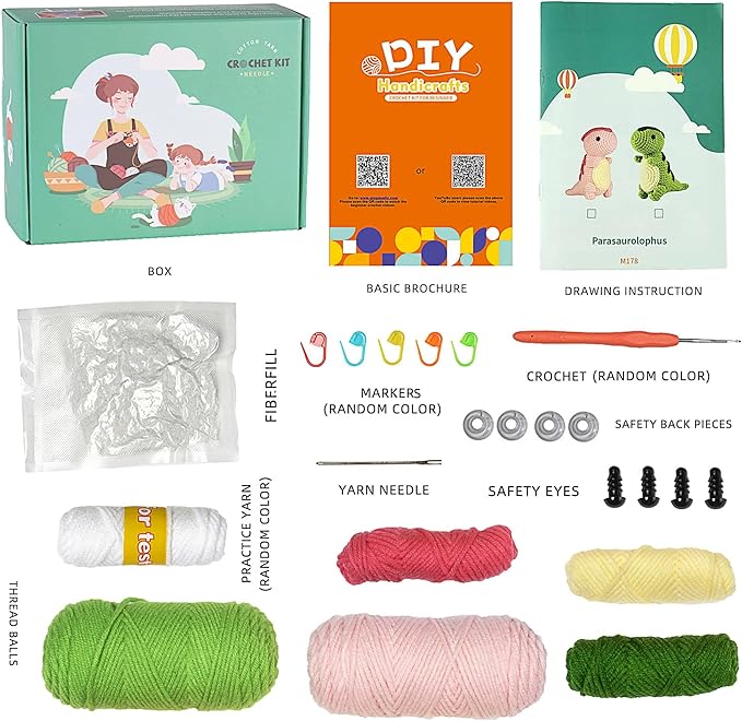 YESJOLI Crochet kit for Beginners, Crochet Animal Kits,Crocheting kit for Starters with Step-by-Step Video, Beginner Crochet kit for Adults Women, Crafts Dinosaur