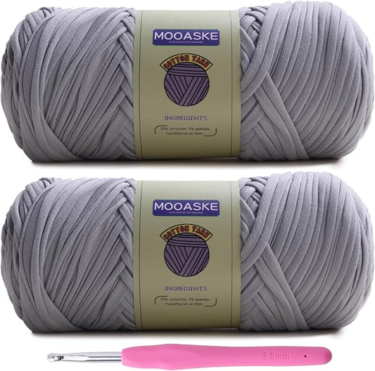 2 Pack T-Shirt Crochet Yarn for DIY Knitting Crochet Cloth Blanket Bag Dolls - 400g Chunky Thick Yarn for Crocheting with Polyester-Spandex Blend Elastic Fabric (Gray)