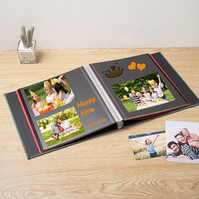 Large Photo Album Self Adhesive 4x6 8x10 10x12 13"x12.6" Scrapbook Album 12.6"x11" Inch 60 Black Sticky Pages Linen Cover Magnetic Photo Album with A Metallic Pen and DIY Stickers(Dark