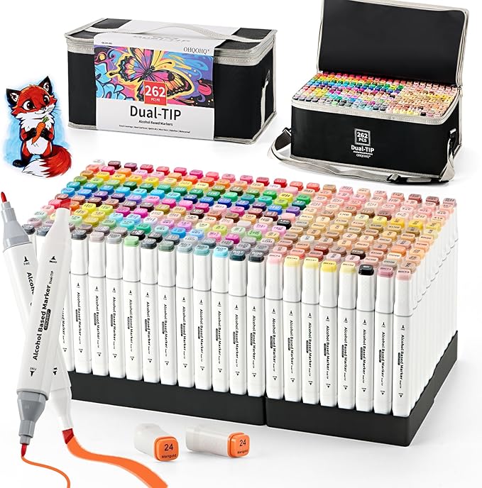 Alcohol Markers Set 262 Colors with Case & Pen Holder, Dual Tip Alcohol Based Art Markers, Chisel & Fine Coloring Pens for Adult Coloring Books, Drawing, Sketching, Illustration