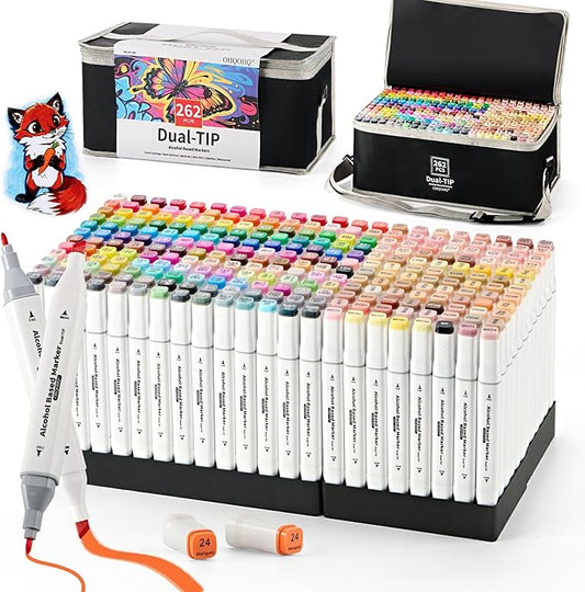 Alcohol Markers Set 262 Colors with Case & Pen Holder, Dual Tip Alcohol Based Art Markers, Chisel & Fine Coloring Pens for Adult Coloring Books, Drawing, Sketching, Illustration