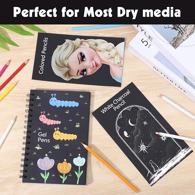 50 Sheets Black Paper Sketchbook, 108 lb/160gsm Heavyweight Black Sketch Pad 5.5×8.5in, Acid-Free Drawing Paper, Spiral Bound Sketch Book for Kids, Teens, Artist
