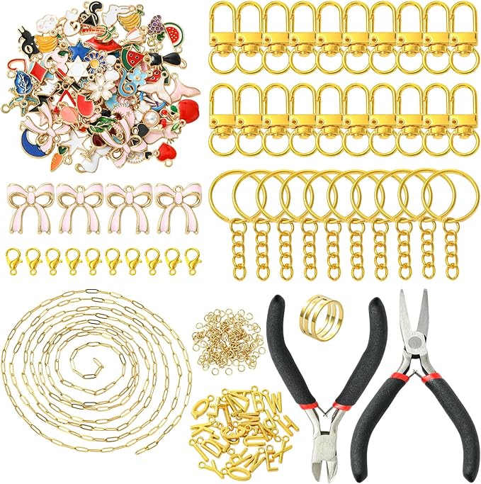 Ornaland 323 Pcs Lip Gloss Keychain Making Kit Jewelry Plier Bracelet Necklace Lanyard Making Kit include Chains Jump Rings Clasps Alloy Enamel Charms for DIY Craft（Golden）