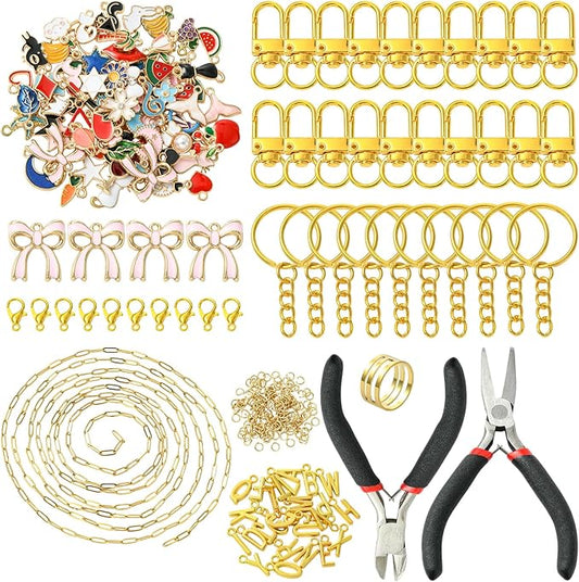 Ornaland 323 Pcs Lip Gloss Keychain Making Kit Jewelry Plier Bracelet Necklace Lanyard Making Kit include Chains Jump Rings Clasps Alloy Enamel Charms for DIY Craft（Golden）