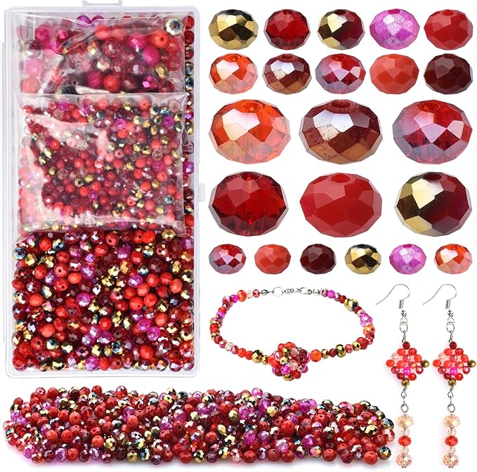 Briolette Faceted Rondelle Crystal Glass Beads for Jewelry Making-Wholesale Mix Lot 4/6/8mm DIY Crafts Spacer Beads with Container Box (Valentine's Day Gift)