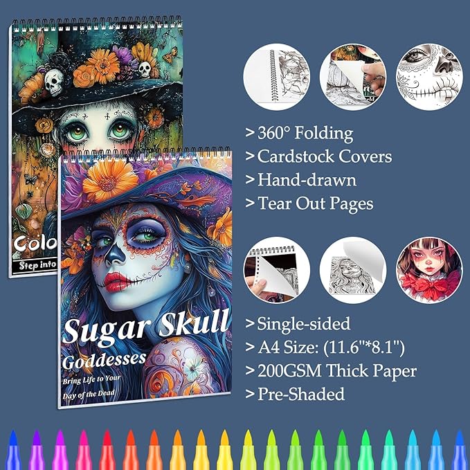 Adult Coloring Book for Women Relaxation, Spiral Bound Mindfulness Coloring Book with 24 Colors Markers for Adult, Anxiety Relief Gifts with 48 Pictures (Scare Doll & Sugar Skull)