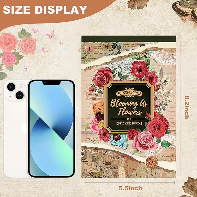 Vintage Flowers Scrapbook Stickers with 400 Pre-Cut journaling Sticker 20 Scrapbook Paper washi Stickers for Journaling Floral Scrapbooking Sticker
