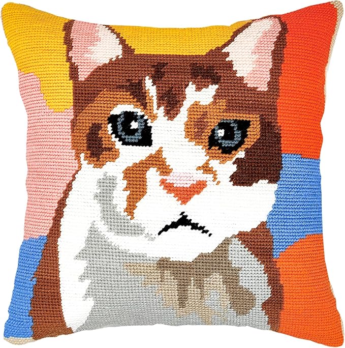 Howie's Needlepoint Needlepoint Kits for Adults, Pillow Front Cross Stitch Kit with Embroidery Pattern on Canvas, Yarn, 2 Needles and Instruction, 16 x 16inch(Cat)