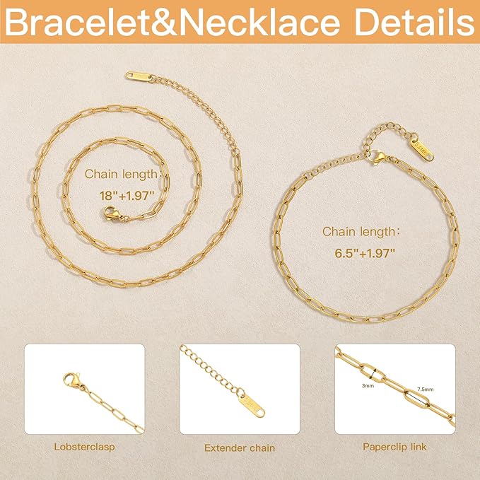 20 PCS Paperclip Chain Bracelet Necklace Kit Stainless Steel Charm Bulk Chains with Extender for DIY Jewelry Making Supplies Accessories (Gold + Steel