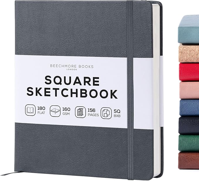 Beechmore Books Square Mixed Media Sketchbook - 8x8 Inch Professional Art Journal, 160 GSM / 98 lb Ivory Paper, Perforated Pages, Vegan Leather Hardcover, Lay-Flat Design for Drawing & Doodling