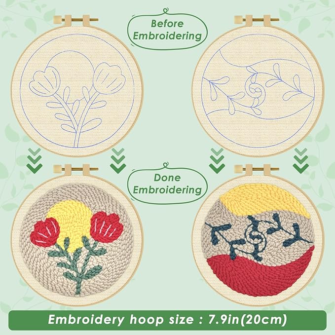 ERKOON Punch Needle Kit Adults Beginners, 2 Pcs DIY Easy Floral Embroidery Set for Starter Art Craft, Needling Punching Project with Patterns, Tools, Yarns, Hoop, Instruction (Rose)