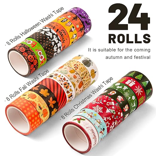 Whaline 24 Rolls Fall Halloween Washi Tape Holiday Washi Tape Set Thanksgiving Fall Leaves Pumpkin Masking Tape Thanksgiving Autumn Winter Christmas Tape for Scrapbook Journal DIY Art Craft