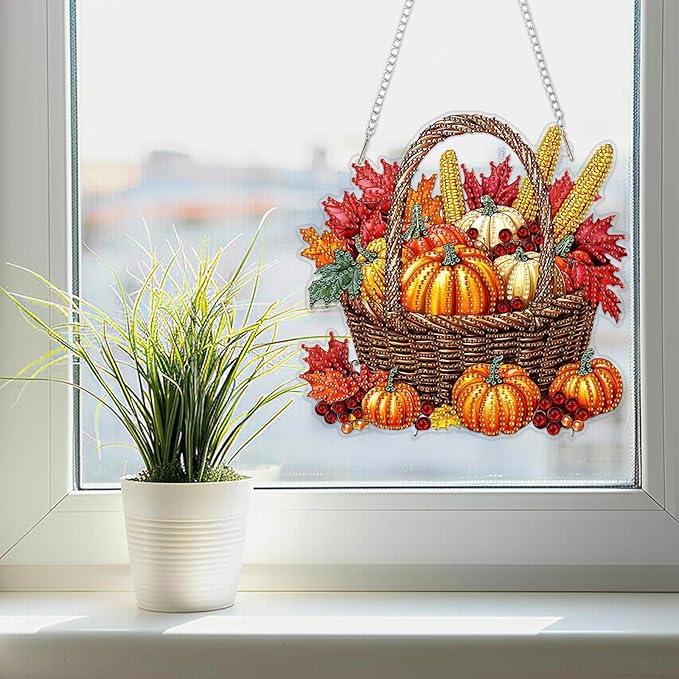 SENQAO Halloween Diamond Art Hanging Kits for Adults Beginners, DIY Acrylic 5D Special Shaped Crystal Diamond Gem Art Painting Hanging Ornament for Home Wall Decor and Gift（Fall Pumpkin Basket）