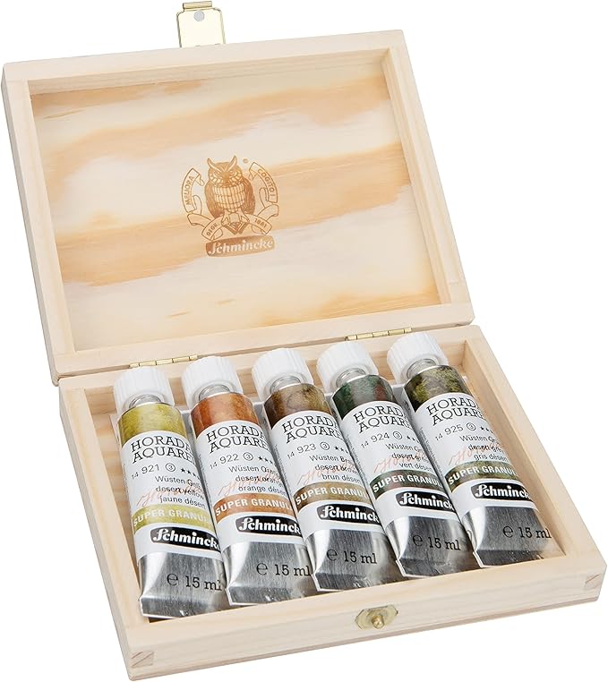 Schmincke - HORADAM® AQUARELL, Super-Granulation Set Desert, 5 x 15 ml tubes, 74 869 097, wooden box, very strong granulating colors, finest, supergranulating watercolors