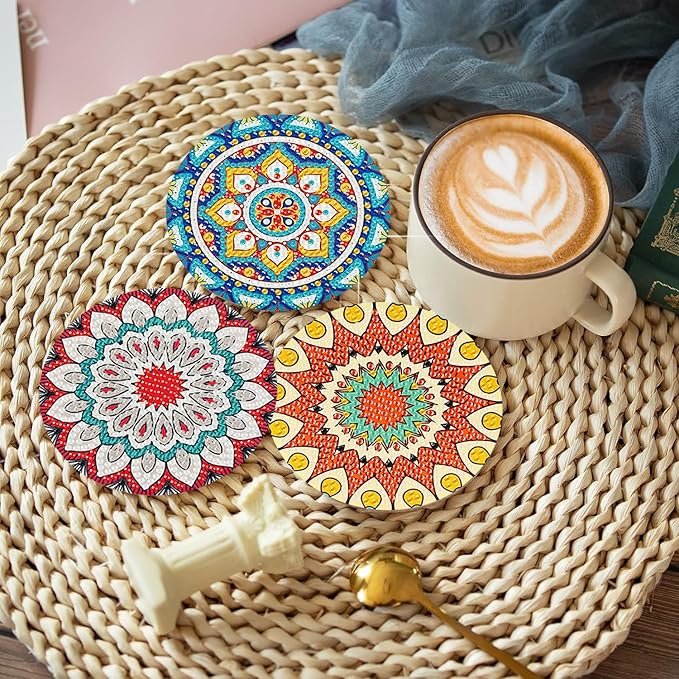 8 Pcs Mandala Diamond Art Coasters Kit with Holder, DIY Mandala Diamond Painting Coasters for Beginners Adults, Non Slip Diamond Art Kits Craft Supplies 4x4inch
