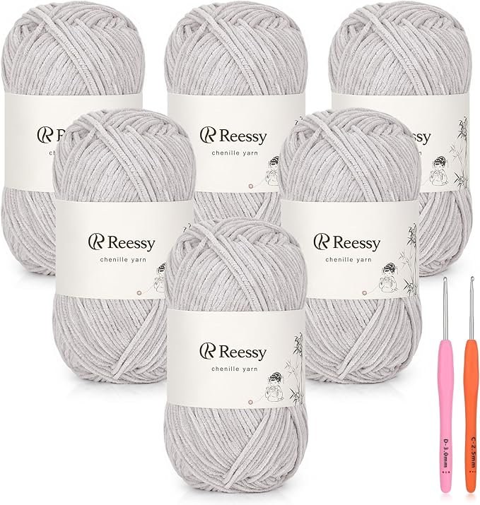 Skinny Chenille Yarn for Crocheting - 6 Pack of 50g/158yd (948yd Total) - Soft Matte Thin Chenille CYC #2 - Fine Weight Baby Yarn for Plush Toys, Baby Blankets & Small Crafts(Ash)