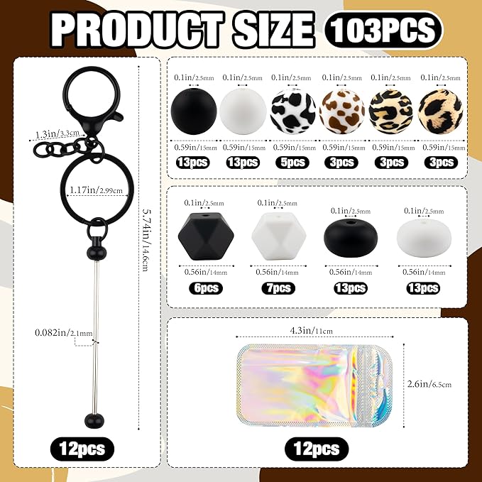 103pcs Beadable Keychains Set Bulk for Keychain Making Kit with Beadable Keychain Bar Silicone Beads Spacer Beads DIY Gifts for Women Men Crafts(Black)
