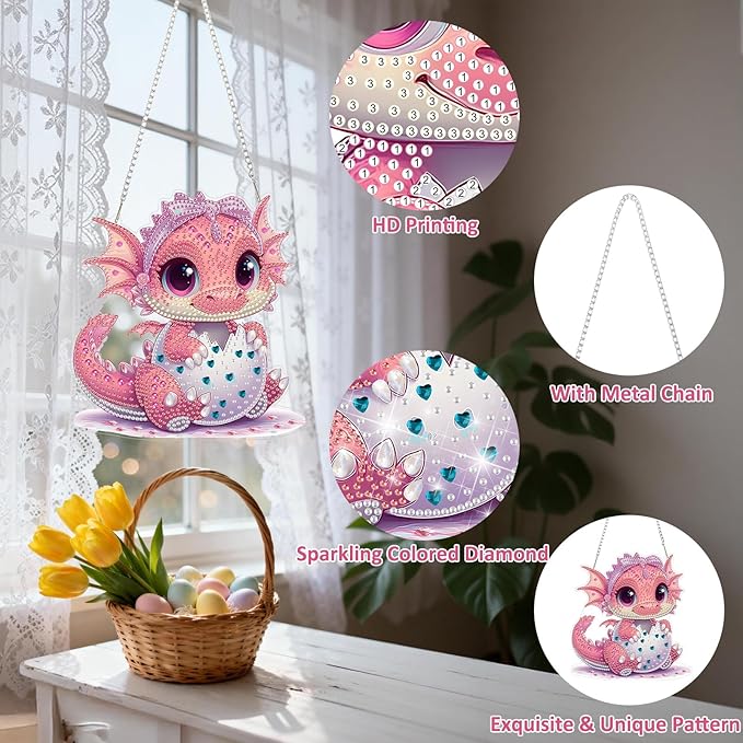 DOMROM Dinosaur Diamond Art Hanging Kits for Adults, Easter Special Shaped Crystal Diamond Painting Dinosaur Pendant, DIY Diamond Art Suncatchers Animal for Home Garden Wall Decor Gift