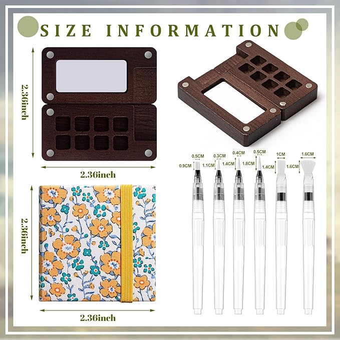 Qilery Mini Portable Watercolor Palette Set Wooden Grid Paint Box Watercolor Paper Sketch Book Brush Pens with Binder Clip for Painters Artist Not Include Paint(Sunflower)