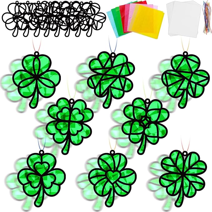32 Sets St Patricks Day Suncatchers Craft Kit DIY shamrock Window Stained Glass Effect Paper Green Leaf Home School Classroom Decoration St Patricks Art Craft Creative Activity Project Gift Favor