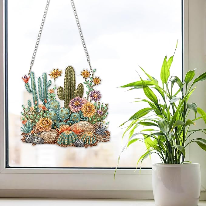 NAIMOER Diamond Art Hanging Kits for Adults Cactus 5D Special Shaped Rhinestone, DIY Acrylic Diamond Art Painting Window Pendants Home Garden Wall Hanging Ornament Kits, Double Sided