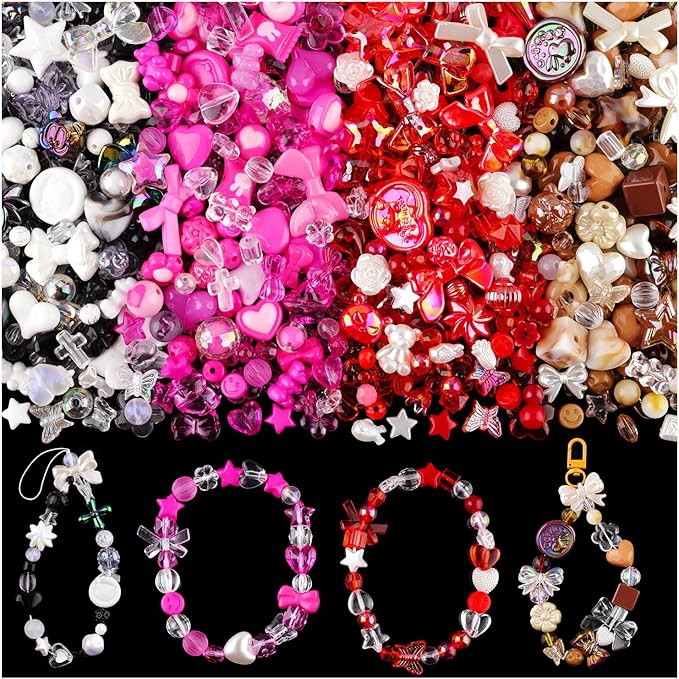 210-270pcs tinkrstuff assorted acrylic beads for bracelet making, cute beads for jewelry making bow butterfly candy heart gummy bear kawaii aesthetic bracelet charms,diy necklace keychain phone charm