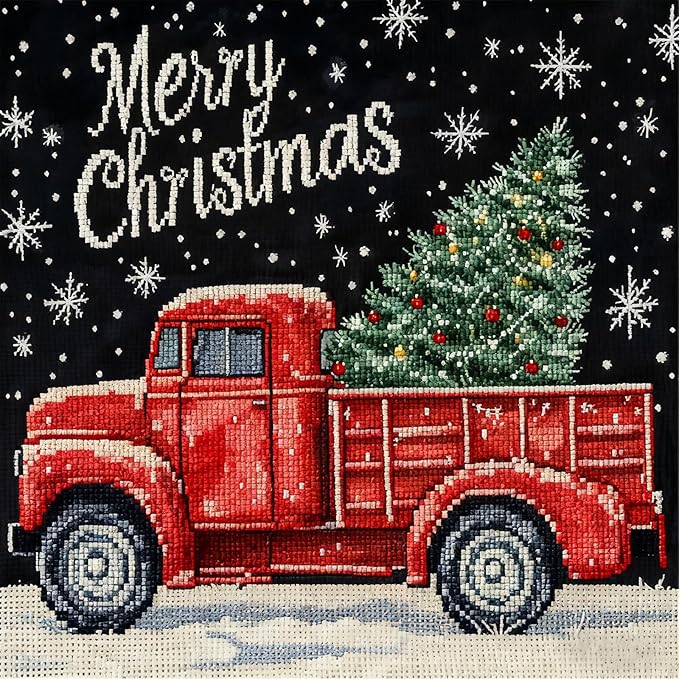 Zhenqing Christmas Joy Cross Stitch Kit – 11CT 9.45x9.45 Inch Aida Cloth with Vintage Truck, Tree & Snowflakes – Festive Embroidery Set for Holiday Decor(67901)