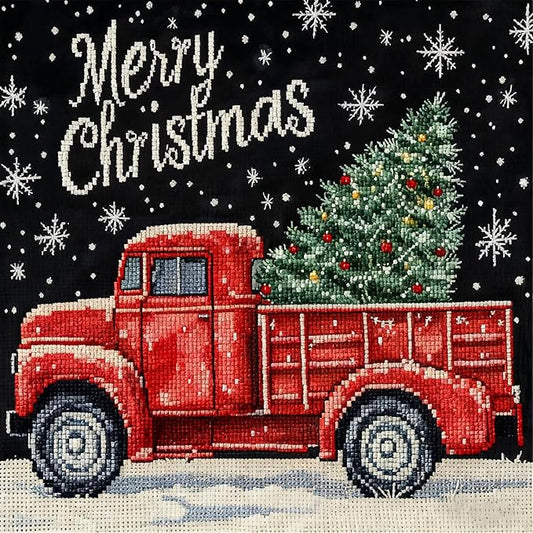Zhenqing Christmas Joy Cross Stitch Kit – 11CT 9.45x9.45 Inch Aida Cloth with Vintage Truck, Tree & Snowflakes – Festive Embroidery Set for Holiday Decor(67901)