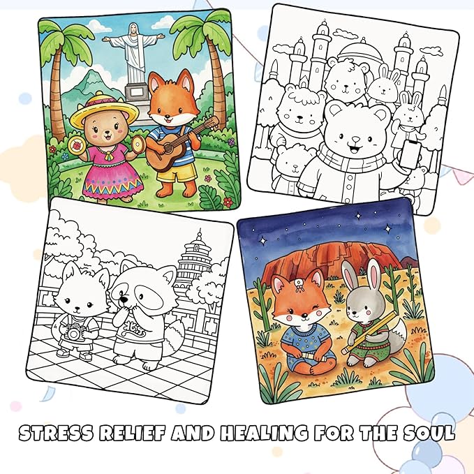 Cozy Coloring Book for Adults and Kids – Featuring Fuzzy’s Cute Animal Travel Adventures for Adult Stress Relief, Bold and Easy, Simple Designs for Teen Relaxation, Spiral Bound Design