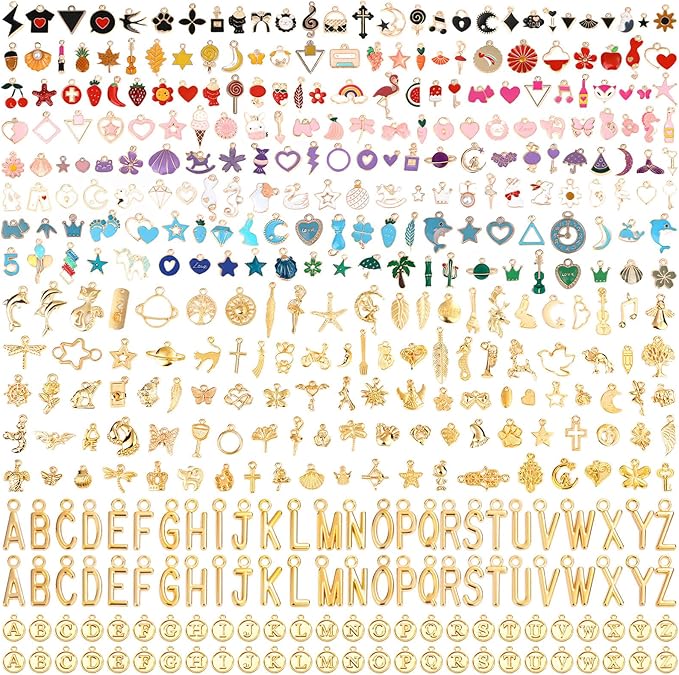 Flasoo 404Pcs Gold Charms for Jewelry Making, Assorted Bracelet Charm Letter Charms for DIY Jewelry Making Necklace Bracelet, Keychains and Crafts