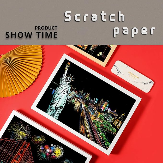 Scratch Art for Adults-City Landmarks Scratch Painting Paper Craft Kit (8 Sheets A4)|DIY Foil Engraving Art Set|Stress Relief Gift for Travel Lovers,Craft Lovers,Home Decor(America/Europe)