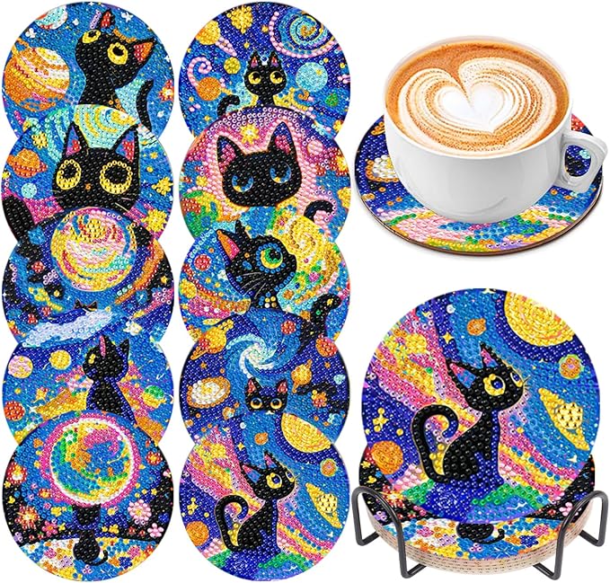10 PCS Diamond Art Coasters Kit, Small Diamond Painting Coasters, Fall Diamond Art Kits for Adults Beginners, Arts and Crafts Supplies Item Sets with Holder Black Cat