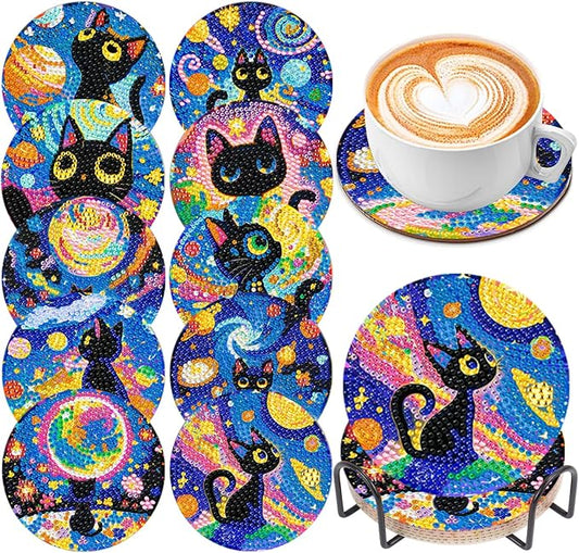 10 PCS Diamond Art Coasters Kit, Small Diamond Painting Coasters, Fall Diamond Art Kits for Adults Beginners, Arts and Crafts Supplies Item Sets with Holder Black Cat