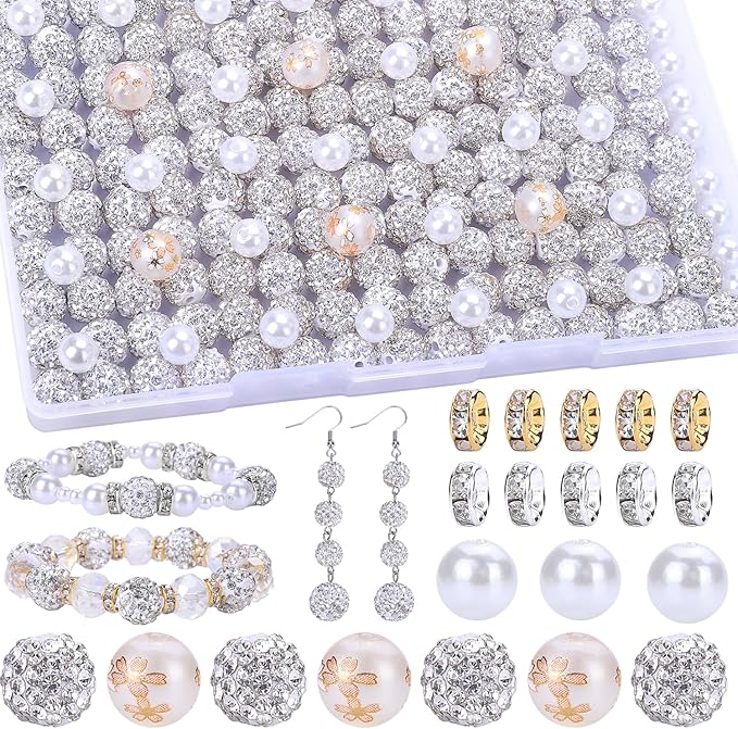 AIPRIDY Jewelry Making Beads Set, 300 PCS 10mm Rhinestone Clay Beads, 8mm Mixed Color Spacer Beads with Pearl and Floral Beads for DIY Jewelry Making (White)