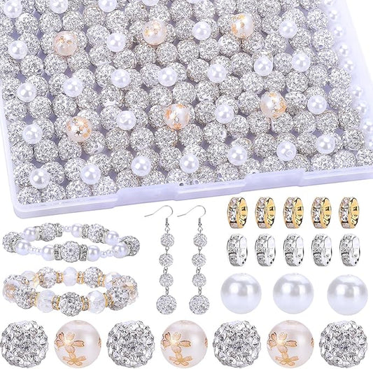 AIPRIDY Jewelry Making Beads Set, 300 PCS 10mm Rhinestone Clay Beads, 8mm Mixed Color Spacer Beads with Pearl and Floral Beads for DIY Jewelry Making (White)