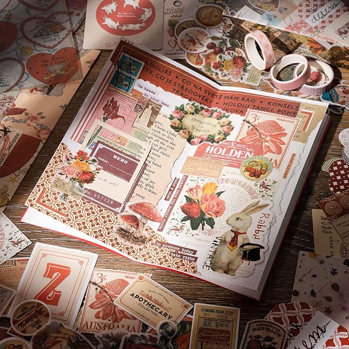 joychoic vintage scrapbook supplies aesthetic journaling kit, scrapbook papers quote stickers tn notebook large collection for bullet junk journal, planner diy arts craft collage